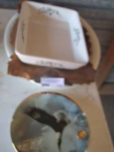 lot 145 image: Save the Eagle dcor plate byu ted Blayloc limited edition plate no. HD9870, the American eagle plate by Ronald van rayulcuvett - wooden leaf platter- plastic turkey platter