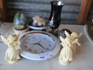 lot 146 image: qty 3 sculptor A.Ssantini  angel figurines - qty 3 dcor Ostrich  eggs, wall clock, black vase
