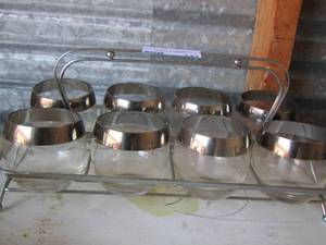 lot 147 image: 8 silver rim whiskey glasses with silver metal basket to carry glasses