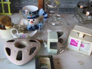 lot 148 image: john deer bottle opener, kitchen scale, snowman coffee cup, vintage French style green bean cutter and more