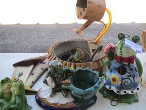 lot 162 image: frog figurine, hanging frog bird feeder- frog pond water fountain and more