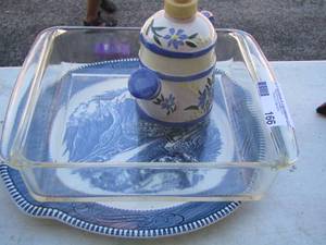 lot 166 image: Pyrex baking dish, broken soap dish , the rocky mountain by royal blue plate