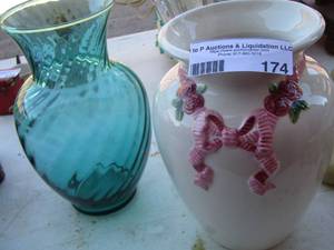 lot 174 image: white and pink vase - turquoise vase, clear glass vase