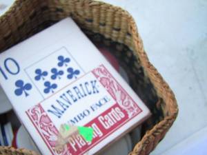 lot 175 image: poker chips and jumbo playing cards in whicker cover jar