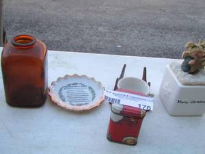 lot 176 image: grandmother mini plate, brown glass jar, small Santa tin, merry Christmas angel candle - mini tea cup on stand
