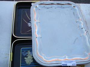 lot 177 image: qty 3 silver made in Hong Kong trays, 3 plastic serving set