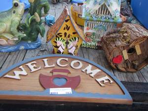 lot 183 image: welcome wooden sign, metal butterfly bird house, wooden love shack heart bird house, frog yard art, wooden mini floral bird cage