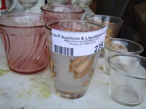 lot 235 image: various glasses, pink handled coffee cups