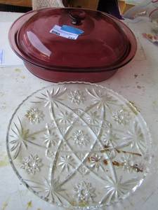 lot 242 image: covered pinkpurple glass casserole dish, diamond cut platter