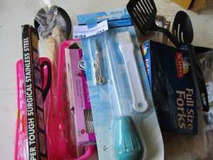 lot 243 image: large lot of utensil, plastic ware, steak knifes, turkey baster, spatulas and more