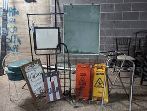 lot 32 image: Mixed Party Planning Lot w Wedding and Display Signs, Chair, Wet Floor Signs, Etc.
