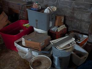lot 8 image: Mixed Lot of Supplies Including Tiles, Painting Supplies, Scrap Aluminum Casting, Etc.