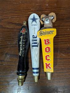 lot 40 image: 3 PC Tap Handle Set w Shiner Bock, Dallas Cowboys Miller Lite Beer, and ZiegenBock Amber Taps