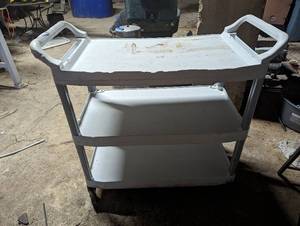 lot 129 image: White Plastic Utility 3 Tier Open Side Serving Cart