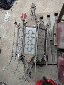 lot 57 image: Massive Hanging Gothic Style Wrought Iron Portico Lantern VERY HEAVY approx 50in