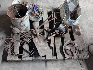lot 316 image: Mixed Lot of Shovel and Rake Head, Nuts, Bolts, and Other Scrap Metal