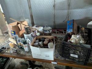 lot 278 image: Contents of Table - Canned and Spray Paint, Painting Supplies, Etc.