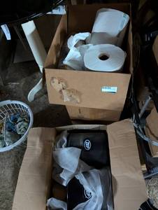 lot 267 image: New in Box 2 Commercial Zep Paper Towel Dispensers and Box of Large Roll Paper Towels and Toilet Paper Rolls