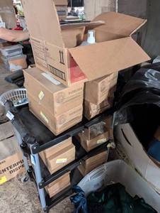 lot 266 image: Contents on Cart - 12 New in Box  Soap Dispensers and Mystic Soap Refills