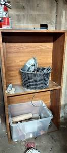 lot 38 image: Shelf and Contents Including Fan, Paint, Tub, Etc.
