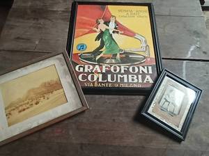 lot 30 image: 3 PC Artwork Set w Framed Grafofonia Columbia Italian Milano Poster, Original Big-Ben Park Saw-Tooth Mountain Photo, and Photo Frame