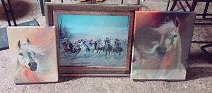 lot 25 image: Wild Horses 3 Pc Set w Fredric Remington A Dash for the Timber Custom Framed and 2 Canvas Wild Mustang Paintings