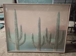 lot 22 image: Large Puff Paint Sunrise Desert Cactus Painting (43x2x35)