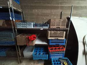 lot 62 image: Shelf Contents Including All-Purpose Peg Dish Rack Food Service Compartment Dividers and Various Glassware