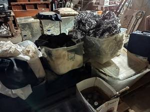 lot 291 image: 3 Bins of Mixed Linens Including Offwhite, Black, and Damascus Print