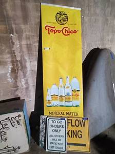 lot 12 image: 4 Pc Sign Set Including Historic Lions Cricket Ground Sign (18x24), Topo Chico Banner Sign, Overflow Parking (18x24) and To Go Orders Only Signs (18x12)