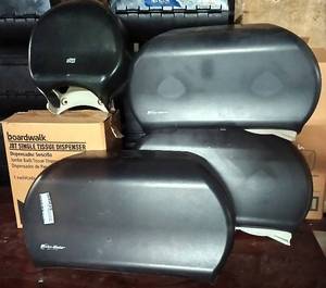 lot 151 image: 4 PC Commercial Boardwalk  1 Cover Enviromaster, Tork, and Boardwalk JBT Single Tissue Dispenser Set