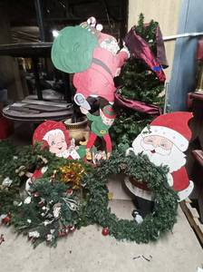 lot 74 image: Large Christmas Lot w Hand Painted Santa Held by Elves and Mr. & Mrs. Clause Set w Tree and Wreaths