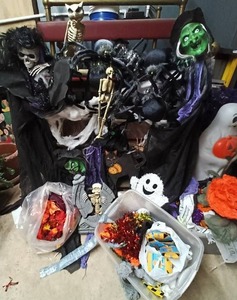lot 73 image: Large Halloween Mixed Lot w Hanging Decor, Party Accessories, Large Owl Skeleton, and MORE...