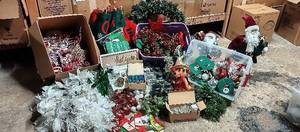 lot 79 image: Large Christmas Lot w Ornaments, Bulbs, Party Bags Garland, Wreaths, Bulbs, Banners, Vintage Porcelain Santas, and MORE...