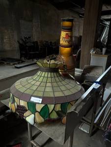lot 392 image: Stained Glass Chandelier and Blow-Up Beer Bottle