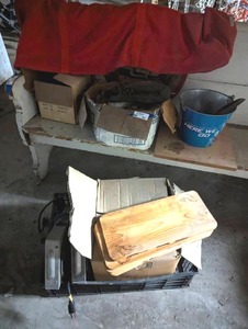 lot 387 image: Contents on Bench w Shells, Vintage Ice Skate, Bowls, Cutting Boards, Bunn Burners, and MORE..