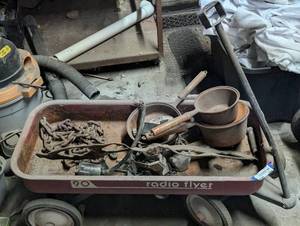 lot 368 image: Radio Flyer Wagon and Contents Including Vintage Pans, Chain, and MORE...