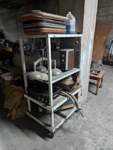 lot 389 image: Contents of Storage Shelf Including Vintage Lights, Trays, RCA XL-100 TV, Electrolux Vacuum, and MORE...