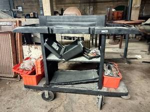 lot 160 image: Portable Large 2-Shelf Utility Cart w Contents Including Copper Piping, Faucet Valves, Etc.