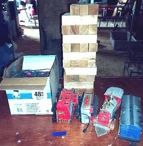lot 425 image: Mixed Lot of Decor Including Train, Giant Jenga, 48 Christmas Lights