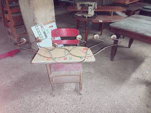 lot 152 image: Vintage School Desk and Metal Wall Hanging 6 Candle Holding Candleabra