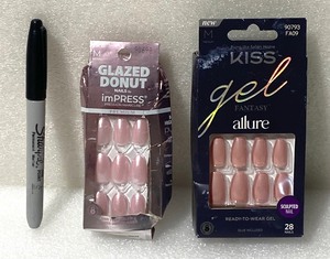 lot 30 image: Lot Of 2 New - KISS Products Press On Fake Nails, (1) Strawberry Glazed 30 Ct & (1) Allure 28 Ct - As Shown - Total Retail $22