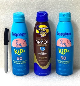 lot 35 image: Lot Of 3 New - Sun Screen Spray, (1) Banana Boat Coconut Oil SPF 25, 6 Oz & (2) Coppertone Kids SPF 50, 5.5 Oz Each - As Shown