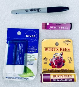 lot 55 image: Lot Of 3 New - Burts Bees Chapstick (1) Sweet Violet & (1) Berry Agua Fresca & (1) Nivea Chapstick - As Shown