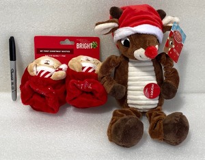lot 86 image: Lot Of 2 New - Rudolph The Red-Nosed Reindeer Dog Toy & My First Christmas Booties Age 0-6 Months - As Shown