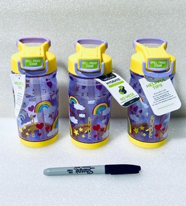 lot 118 image: Lot Of 3 New With Tags - Reduce Hydrate 14oz Kids Spill Proof Water Bottle Yellow, Hearts & Rainbows - As Shown - Total Retail $30