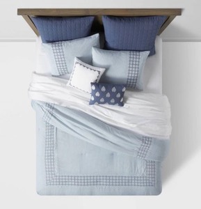 lot 300 image: new MontClair Hotel Comforter 8 Piece Set - Threshold - Queen Size, Blue - Retails $80