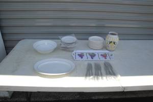 lot 40 image: Lot of Dishes, Including 9 Serving Bowl, 12 Oval Platter, 15- 6 rd Saucers, 7 Vase and 8 Butter Knives