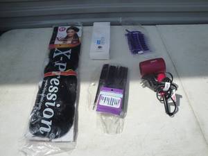 lot 106 image: Lot of Hair Items, Including Mini Blow Dryer (Works), Comb Set, Hair Clips, Paddle Brush and 84in. Hair Extension