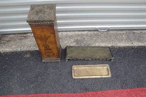 lot 133 image: Lot-Decorative Pedestal, About 6-12 x 6-12 x 20-H And 2-Decorative Metal Trays, 1-5 x 14 and 1-6 x 18